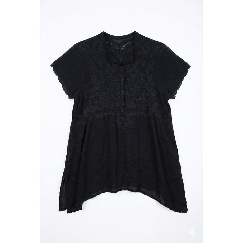 Black Embroidered Swimsuit Cover Up Tunic Handkerchief Hem Sheer Boho